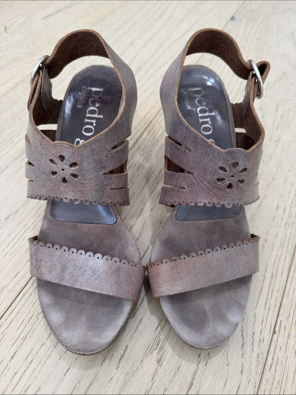 Pedro Garcia Taupe Suede Floral Cutout Wedge Sandals